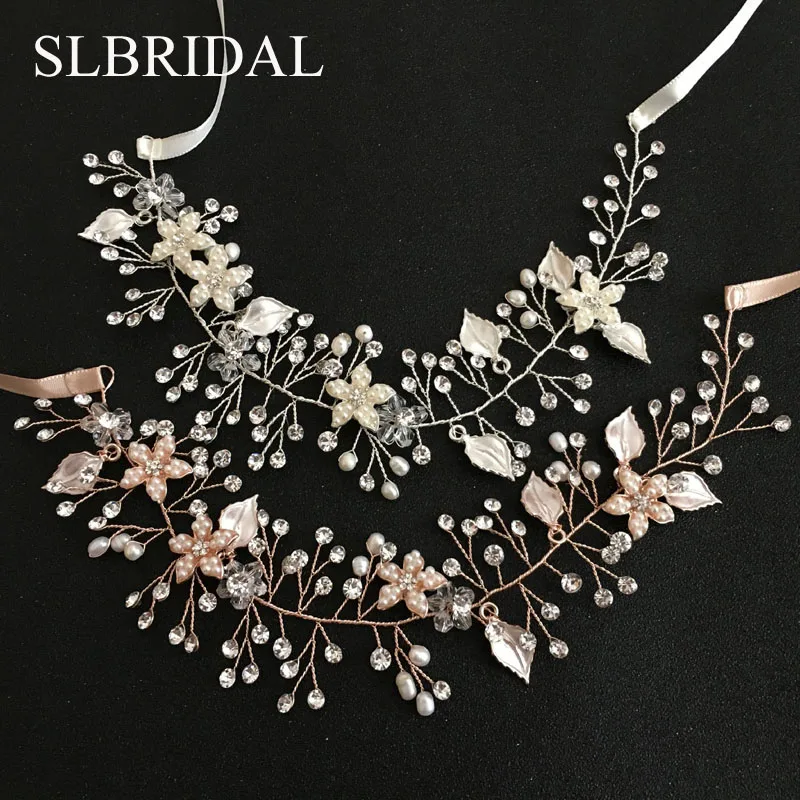 Slbridal artesanal com fio de cristal strass pérolas de água doce flor casamento cabelo videira bandana nupcial headpiece acessórios para o cabelo