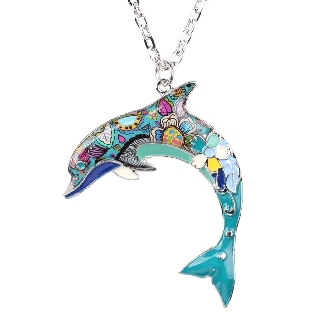 Bonsny OCEAN Collection Maxi Statement Metal Alloy Choker Dolphin Necklace Chain Collar Pendant Fashion New Enamel Jewelry Women