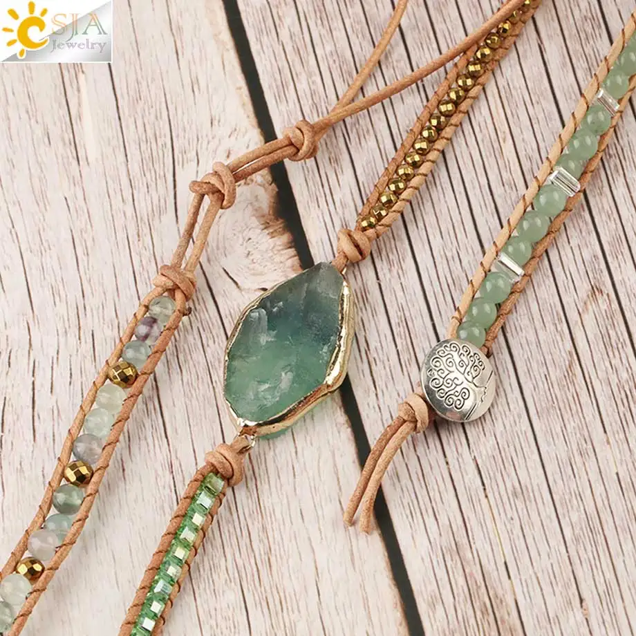 CSJA Natural Stone Bracelets Green Fluorite Crystal Aventurine Bead Leather Wrap Bracelet Multilayer Boho Jewelry Pulseira G118