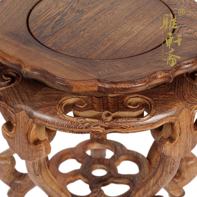 Mahogany antique flower Gallery Zhai fishbowl rack hollow carved Ruyi flowerpot base several wings wood shelf