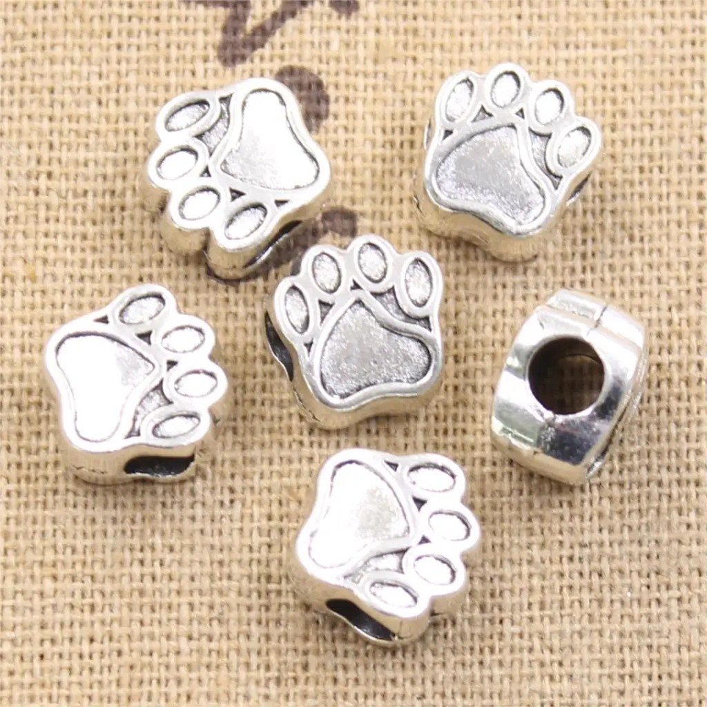 10pcs 11x7x11mm Dog Bear Paw 5mm Big Hole Antique Silver Color Beads Charms Fits Diy Charms Bracelet Jewelry Beads