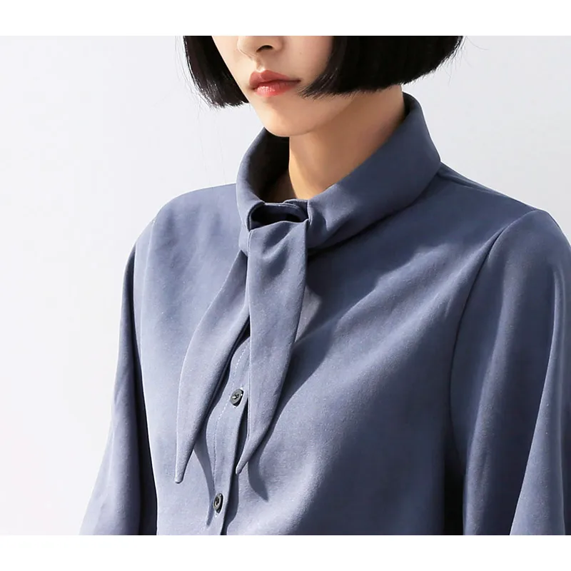 Elegant Lantern Sleeve Shirts Blue Black Bow Collar Solid Color Clothes Spring Long Sleeve Streetwear Women Tops And Blouses