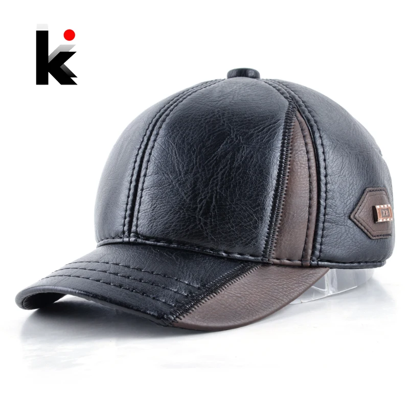 Mens winter leather cap warm patchwork dad hat baseball caps with ear flaps russia adjustable snapback hats for men casquette