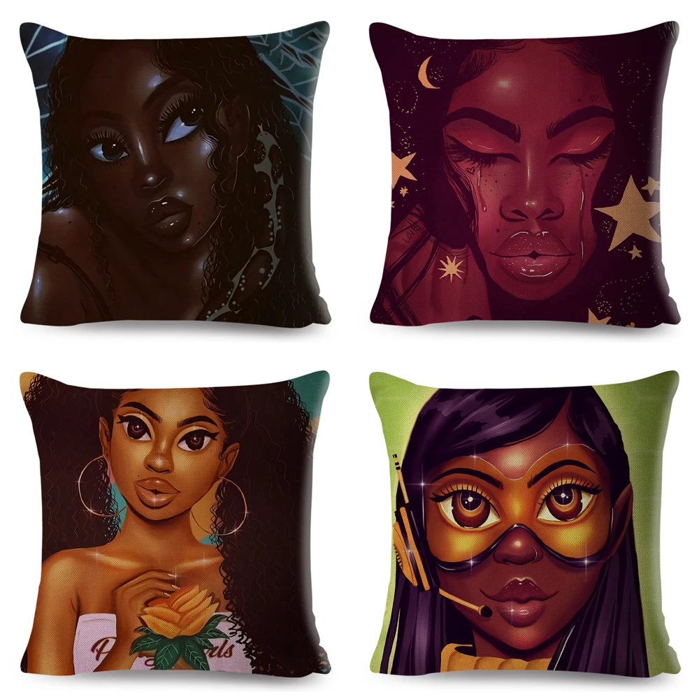 Beautiful Black Women Africa Girl Pillow Case Polyester Decor Colorful Cartoon  Cushion Cover for Sofa Car Home Pillowcase 45x45