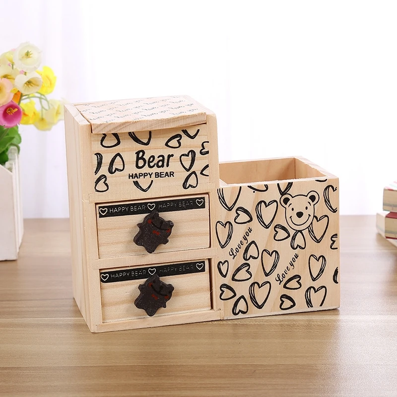 Bear Wooden Pen Holder Kawaii Desk Tidy Organizer Pencil Holder Cute Anime Cartoon Desktop Pen Pot Creative Office Accessories