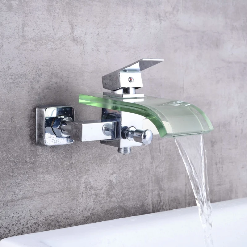 

LANGYO Modern Glass and Brass Faucet Bathroom Waterfall Bathtub Faucet Basin Tap Wall Mounted LH-8008