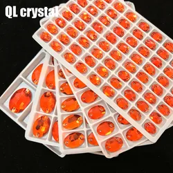 ALL Size Orange Red Oval Sew On Crystal Rhinestones Flatback with 2 holes for Making wedding dress  bags shoes accessories