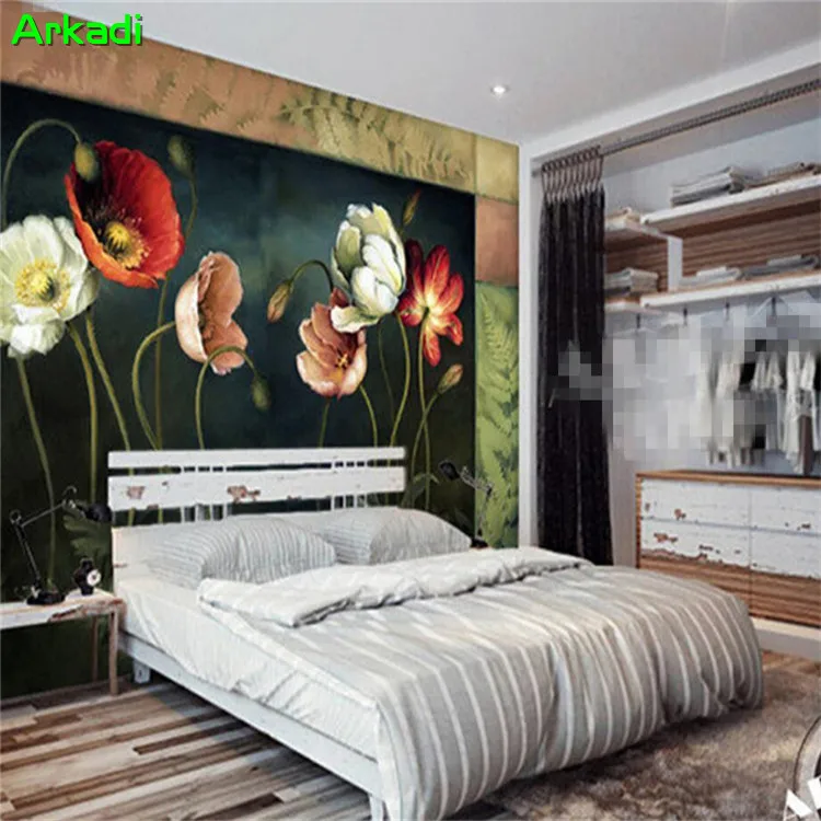 

Custom mural bedroom wallpaper 3d photo home decor vintage fashion small floral poppy flower oil painting