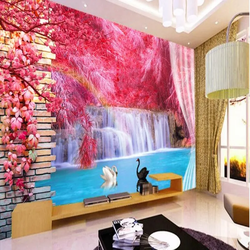 wellyu Custom large fresco Pink Reed Falls Swan 3D TV backdrop non - woven wallpaper papel de parede para quarto