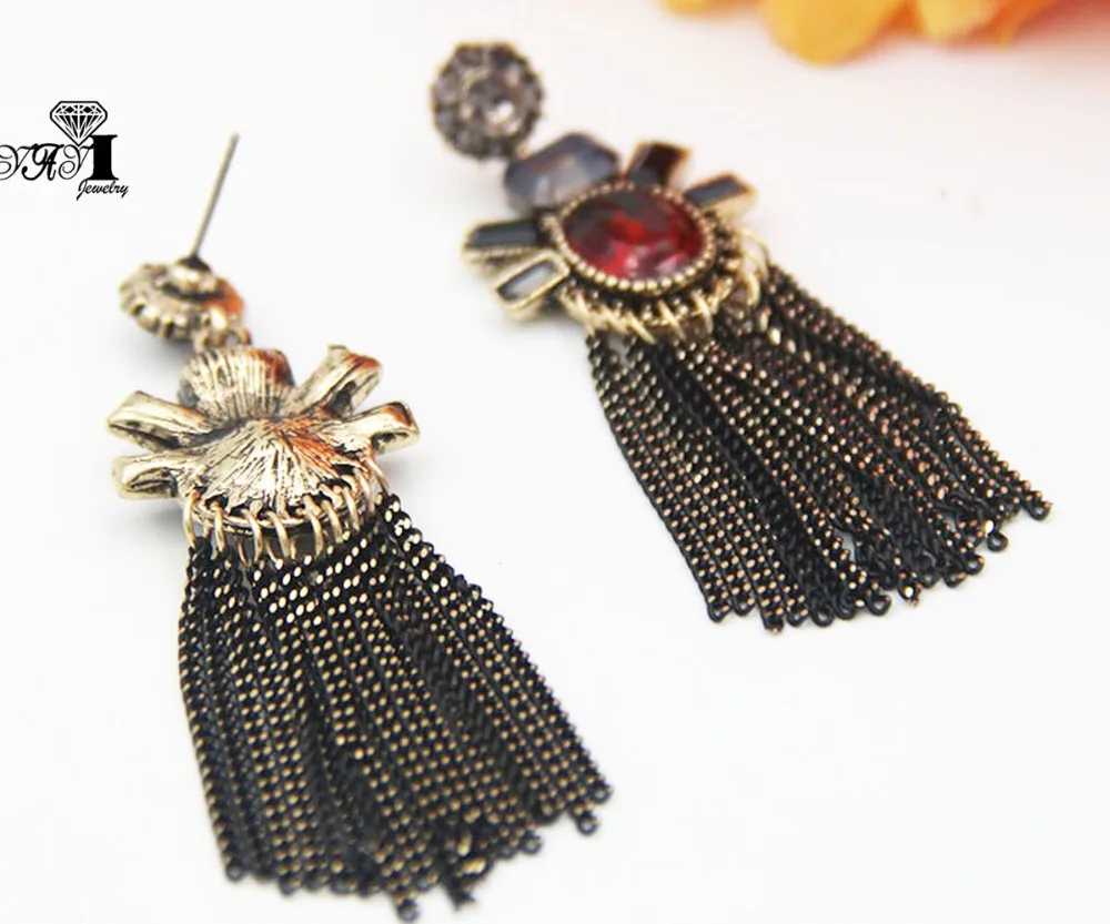 YaYi Jewelry Red Glass  Rhinestone Dangle Crystal Earring Women's  Ancient Silver Color Gem Long Tassels Earrings Gift 1272