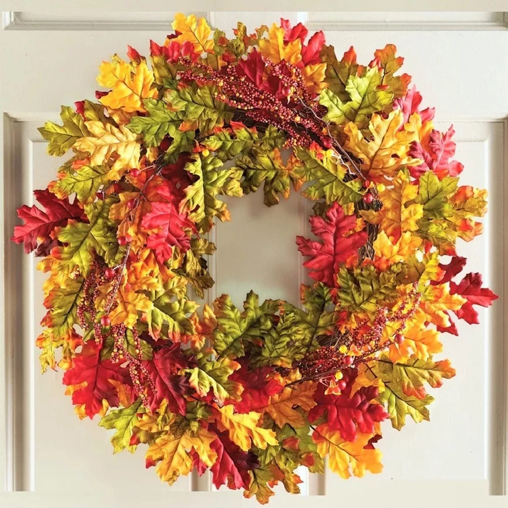 22 inch Autumn Harvest Fall Leaves Wall Door Wreath Rattan Twig for Thanksgiving Decoration