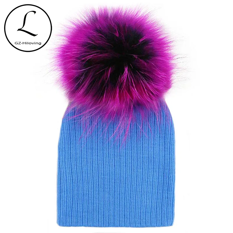 GZHILOVINGL Crochet Baby Hat Big Real Raccoon Fur Ball Baby Girl Cap Cotton Baby Boy Caps With Fur Pom Pom Winter Hat For Kids