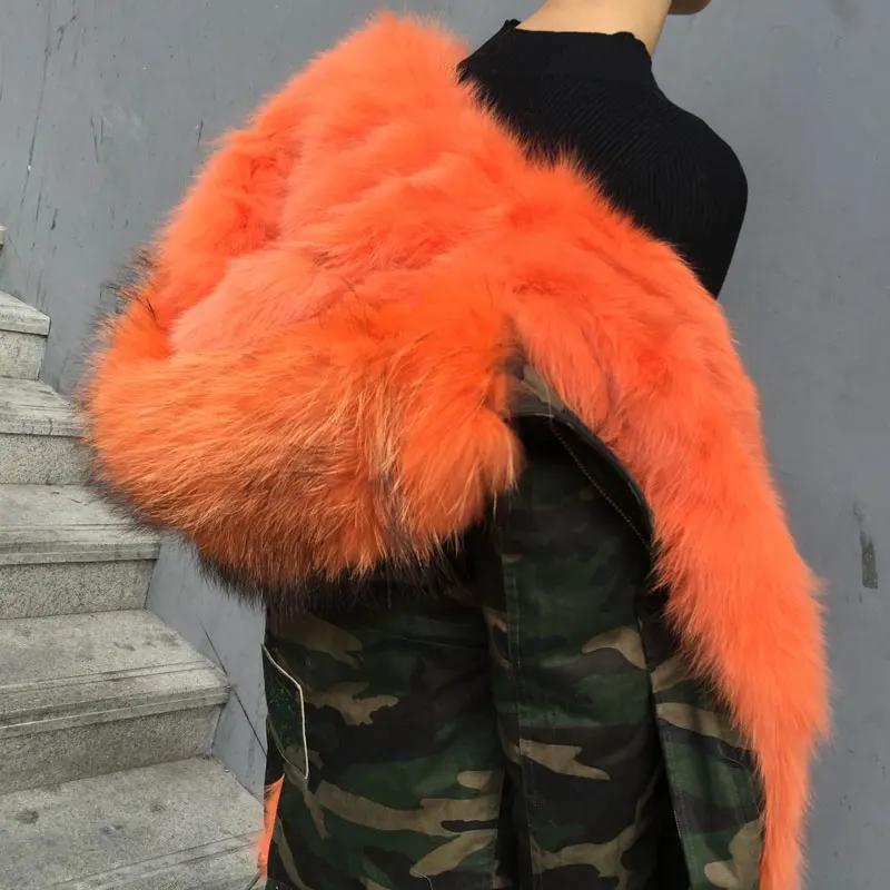 Luxo laranja raposa forro de pele parka camuflagem curto algodão inverno casaco de pele real para mulher