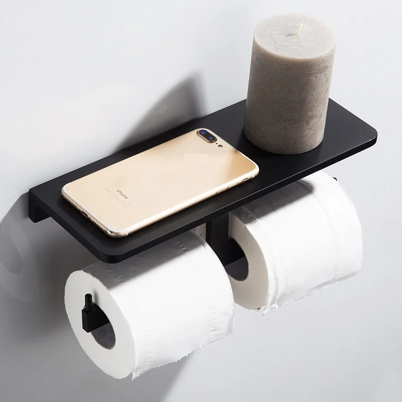 Solid Aluminun Matt Black Toilet Paper Holder Phone Shelf Storage Rack Wall Mounted Bathroom Brushed Gold Dual Roll Paper Holder