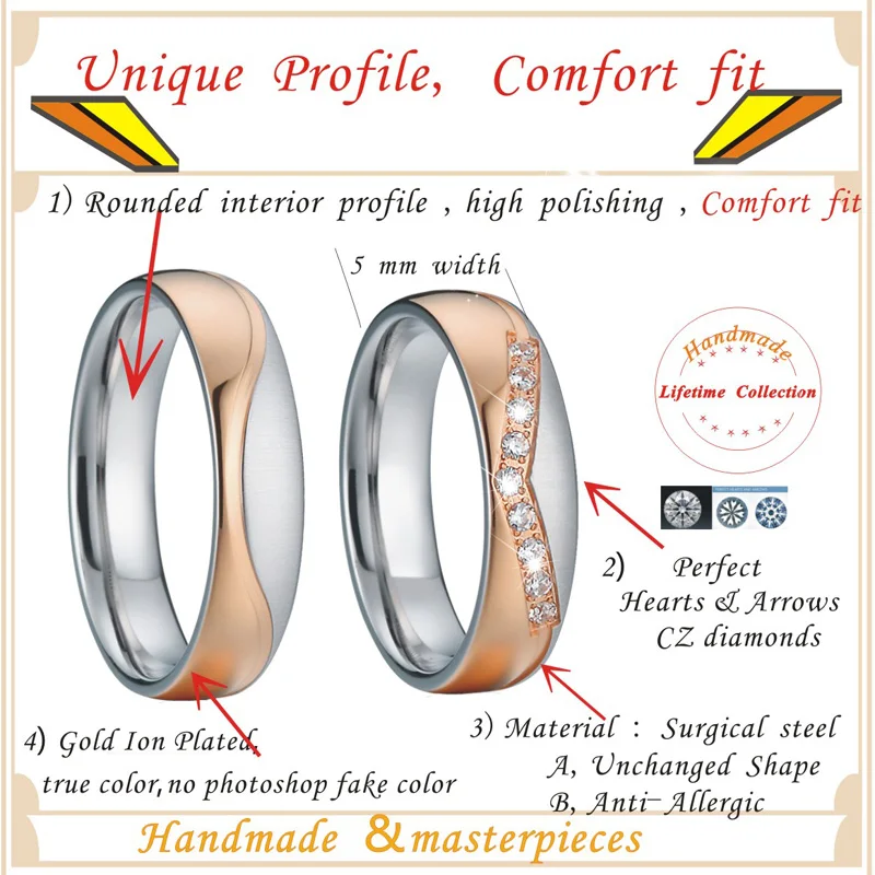 His and Hers Crown Set Alliances Couple Wedding Rings for Men  Women Girls Cz Zirconia Rose Gold Color Jewelry Stainless Steel