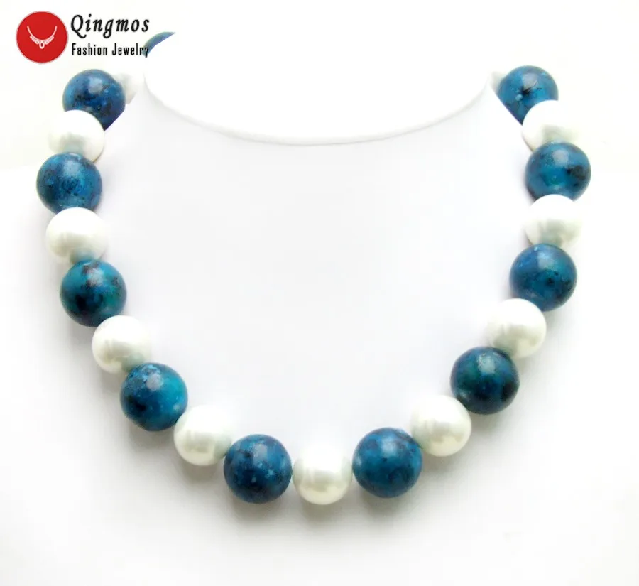 

Qingmos 18mm Natural Green Chrysocolla Necklace for Women with 16mm White Sea Shell Pearl Necklace Chokers 18" Fine Jewelry