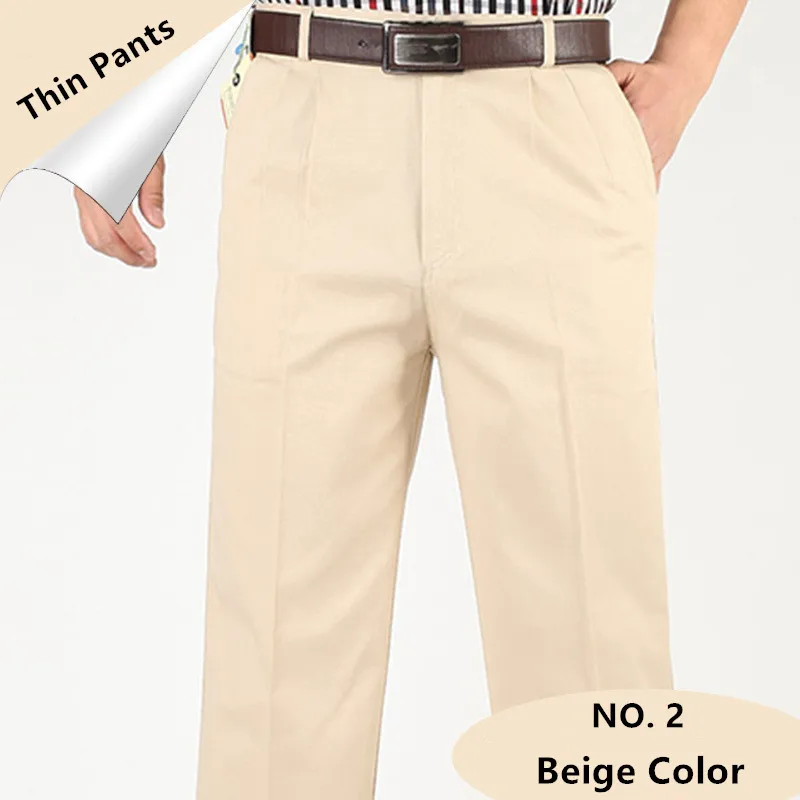 Men Pants Thin Summer Cotton Straight Trousers Plus Size 40 42 44 46 Business Hombre Beige Grey Dark Blue Office Formal Pantolon