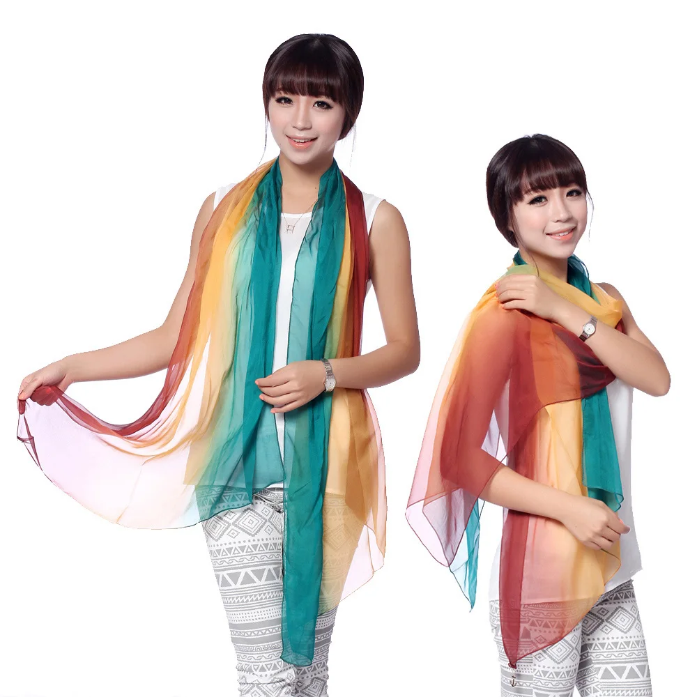 Silk Chiffon Scarf Women Scarf Plain Color Cute Small Size Wrap 50X140cm Handmade Painting Gradual Color Thin Scarf