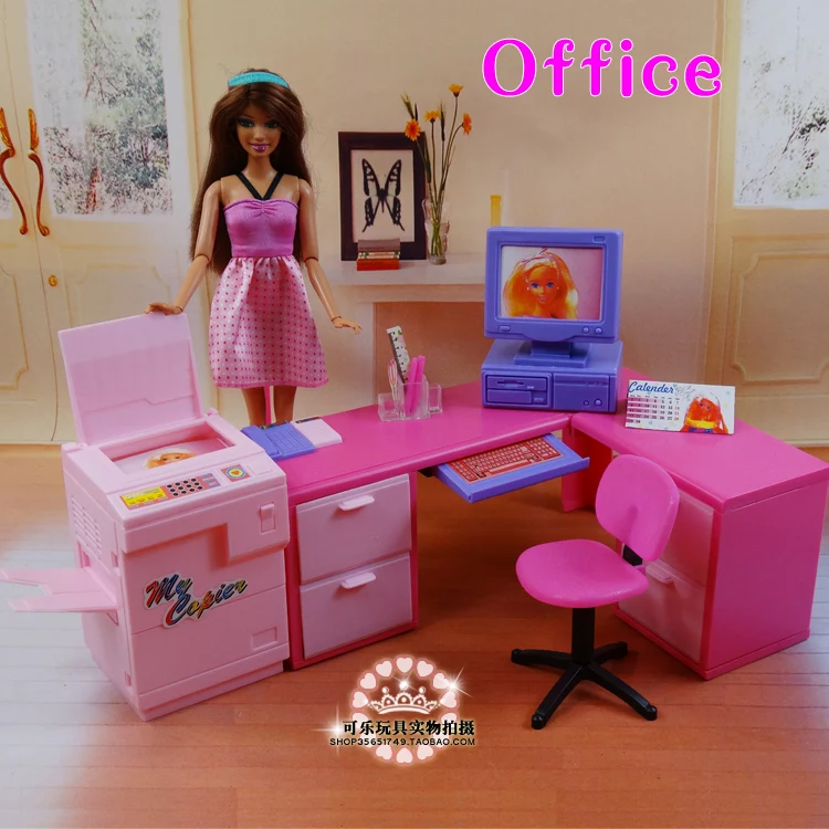 DIY office computer desk combination copier play set for barbie doll, doll house furniture doll accessories for barbie