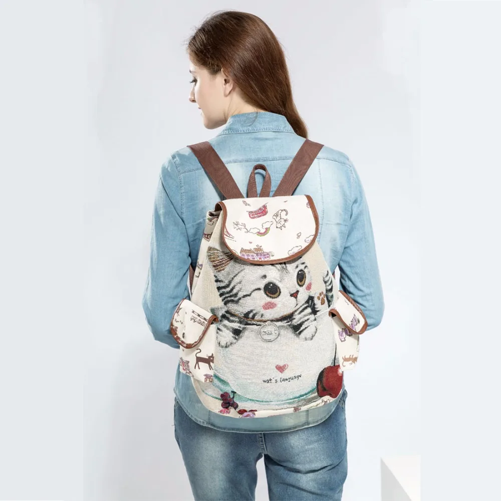 Miyahouse Casual Canvas School Backpack Women Lovely Cat Printed Drawstring Backpack Teenager Large Capacity Ladies School Bag