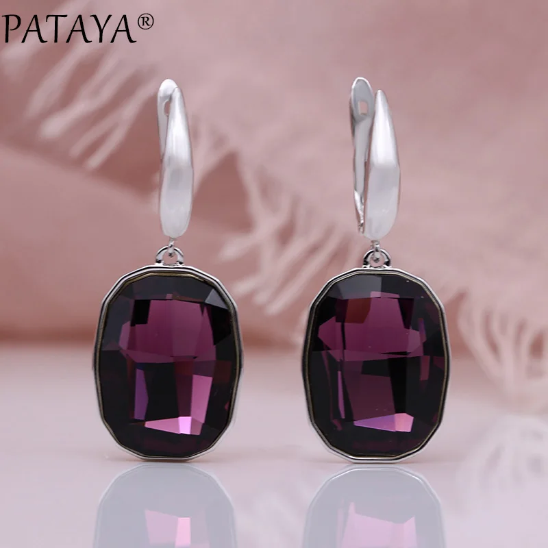 

PATAYA New Austria Crystal Long Earrings Women Luxury Fine Fashion Jewelry White Gold Color Purple Square Oval Dangle Earrings