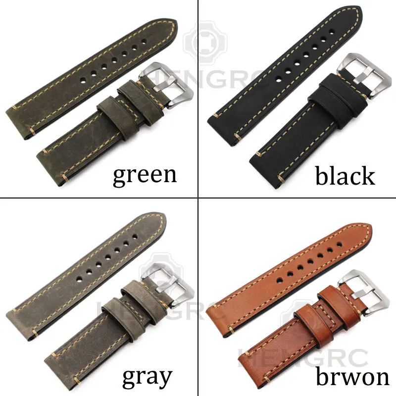 Retro Genuine Leather Watchbands Strap Men Handmade Double Thread Stitching Watch Band 22mm 24mm Wristwatches Belt Accessories