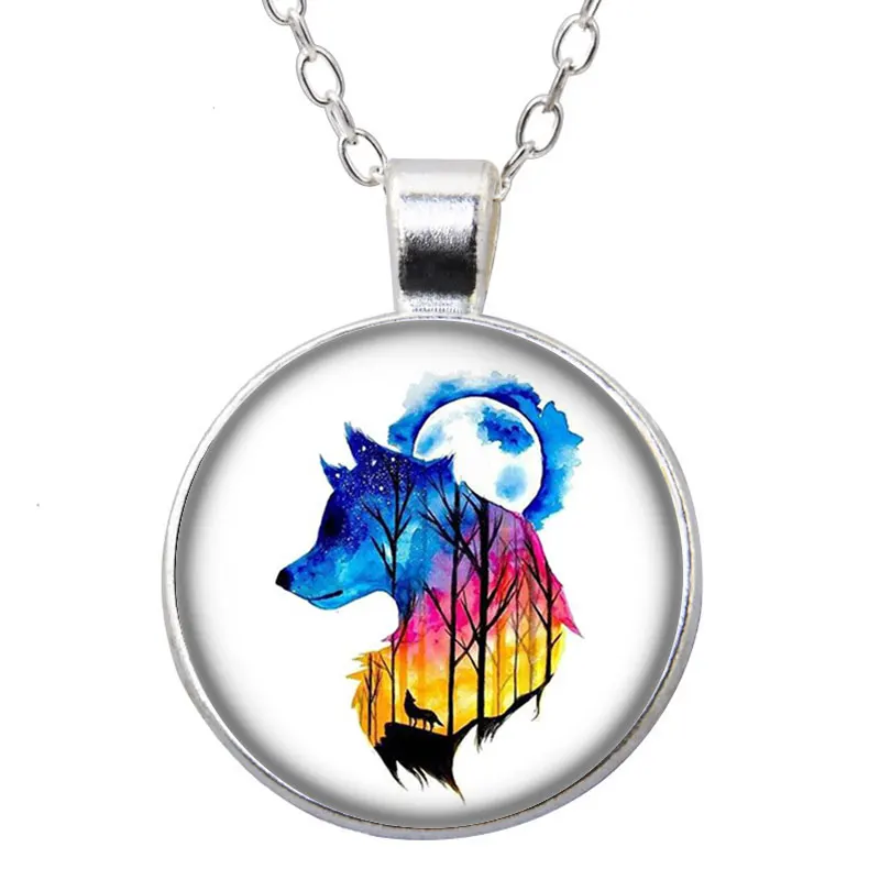 Animals Wolf Elk Horse Unicorn Photo Silver color/Bronze Pendant Necklace Glass Cabochon Woman Girls Jewelry Birthday Gift 50cm