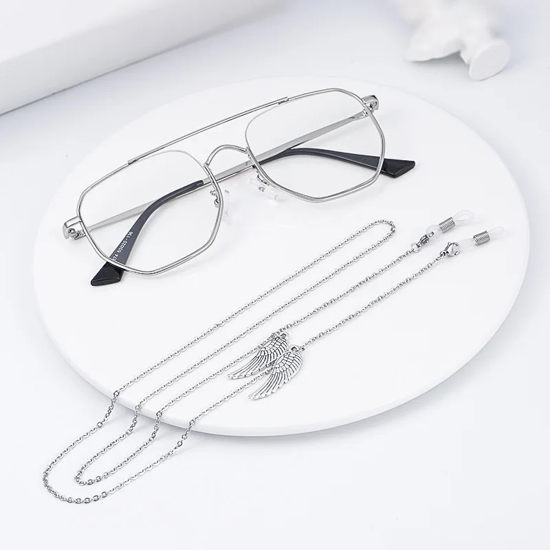 1pc/lot Fashion Metal Eyeglass silver Chains wings pendent Sunglasses Eyewears Neck Cord Holder with silicone loop