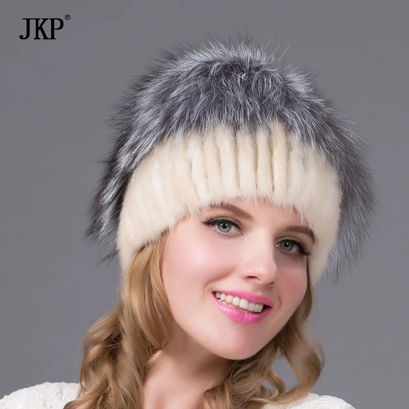 

2024 Hot Sale Fashion Winter Warm Women Knitting Caps real Mink Hats Vertical Weaving With Fox Fur On The Top DHY-36