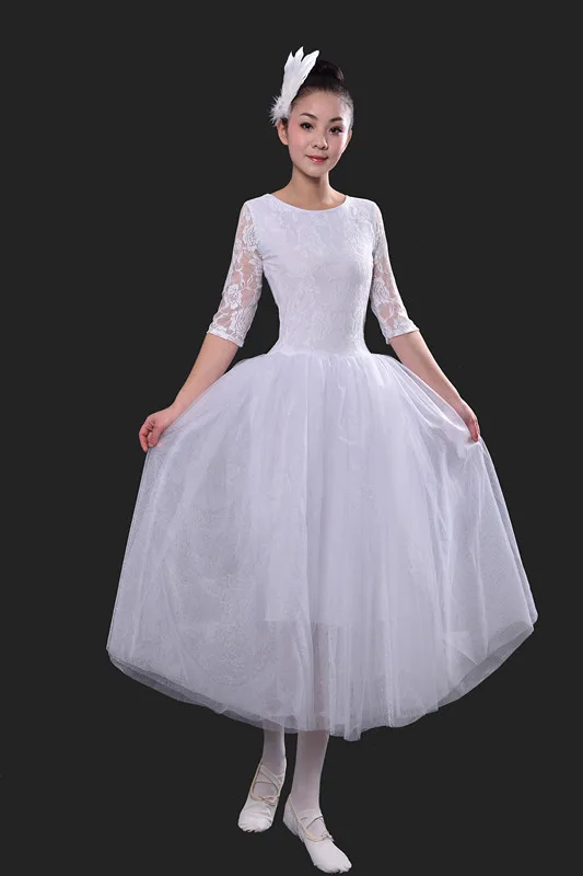 

Romantic Female Ballet Ocrobatics dress One-piece Lace Half Sleeve Long Tulle Gymnastic Dress Performance Ballet clothes Women