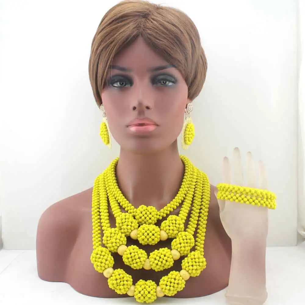 

New Luxury Yellow African Wedding Bride Beads Necklace Set Nigerian Statement Costume Party Bracelet Earrings Jewelry Set HD8398