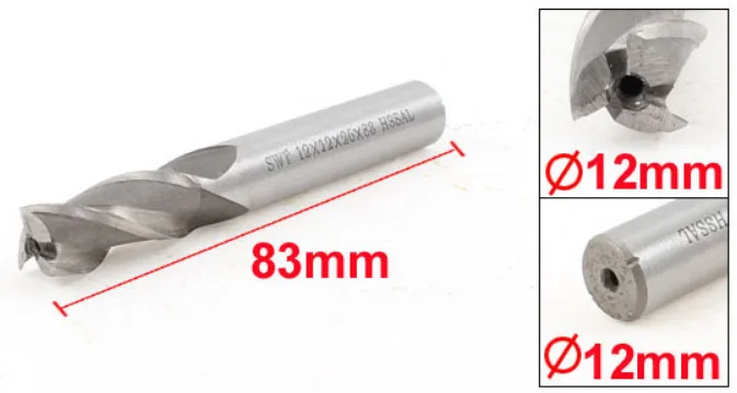 12mm x 12mm x 26mm x 83mm 3 Flutes HSS-AL End Mill Milling Cutter Tool Silver Tone 2pcs