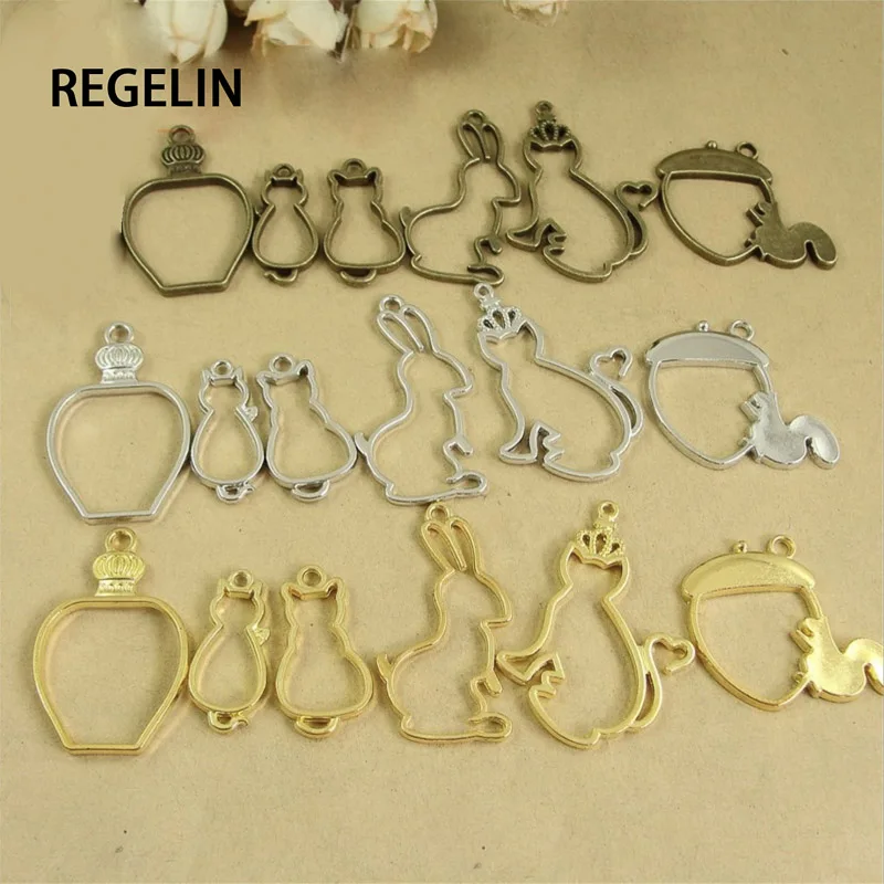 REGELIN 10pcs/lot animals bottle  shape magic bar Metal Frame Pendant Gold Charm Bezel Setting Cabochon Setting UV Resin Charm