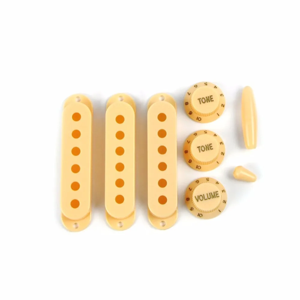 1 Set of Plastic Electric Guitar Pickup Covers +2T1V Knobs +5 Way Switch Tip + Whammy Bar Tip Yellow for FD ST Guitar Parts