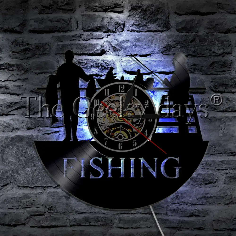 Fishing LED Night Light Wall Watch Decorative Lighting Fisherman Sign Fishing Rod Fish Hook Vinyl Record Wall Clock