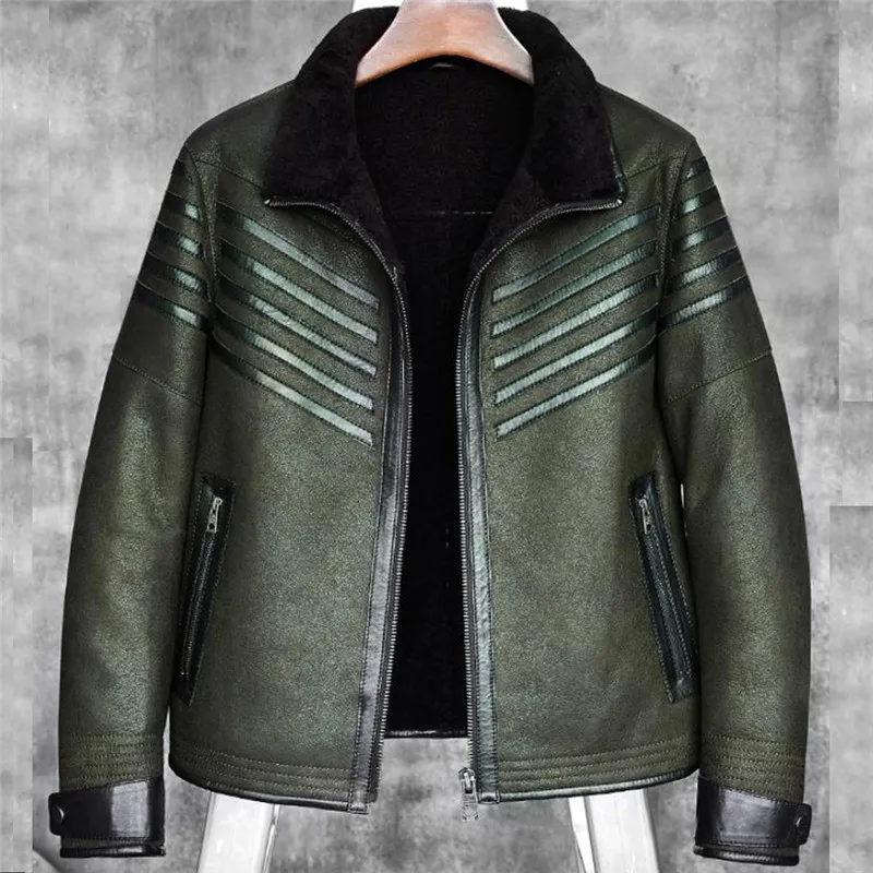 

Denny&Dora New Men's B3 Shearling Sheepskin Bomber Jacket Dark Green Color Men's Fur Coat