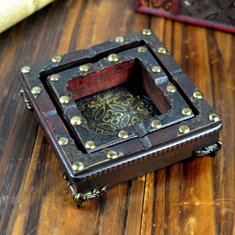 

Two sets of vintage beautifully carved Chinese imitation antique copper edge size ashtray handmade old wooden ashtray