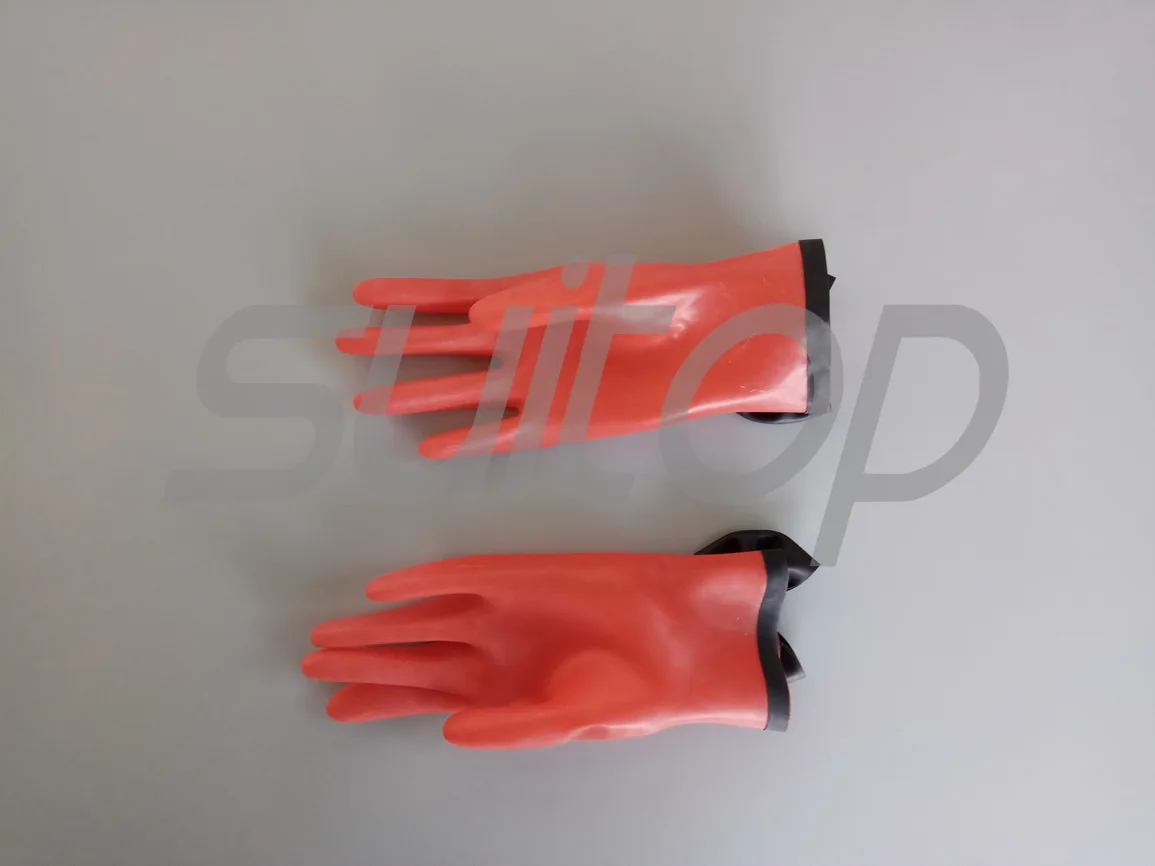 Suitop Latex rubber  short gloves in red and black trim BOW-TIE