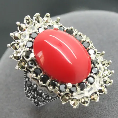 noble 16*27mm 925 STERLING SILVER MARCASITE RED CORAL RING SIZE 7/8/9/10