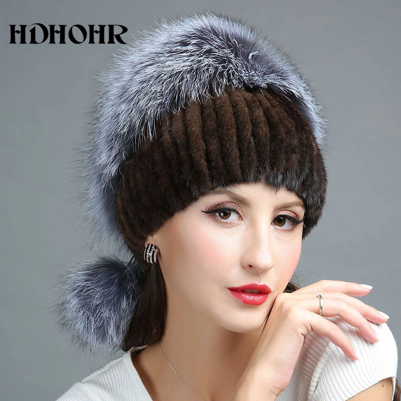 HDHOHR 2023 Fashion Winter Real Fur Hat Women Real Mink Fur Hat With Silver Fox Fur Knitted Beanies New Women Fur Caps