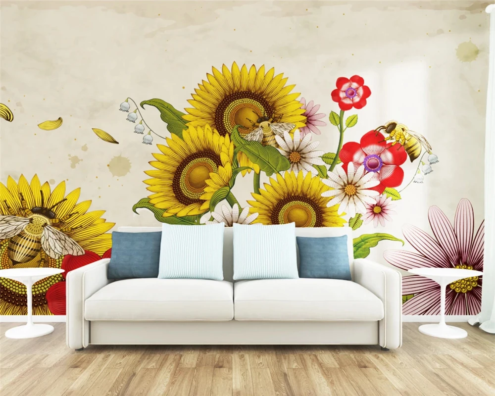 Papel de pared beibehang personalizado con personalidad moderna, papel tapiz vintage de girasol pintado a mano, pintura decorativa de fondo