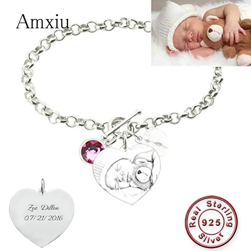 Amxiu DIY 925 Sterling Silver Bracelet Customize Photo Name Bracelets Engrave Name Date Picture Bracelets For Mother Baby Gift