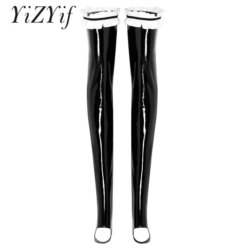 

YiZYiF Women Wetlook Patent Leather stockings Shinny Thigh High Stay Up Ruffled Stockings knee long sexy stockings For Women