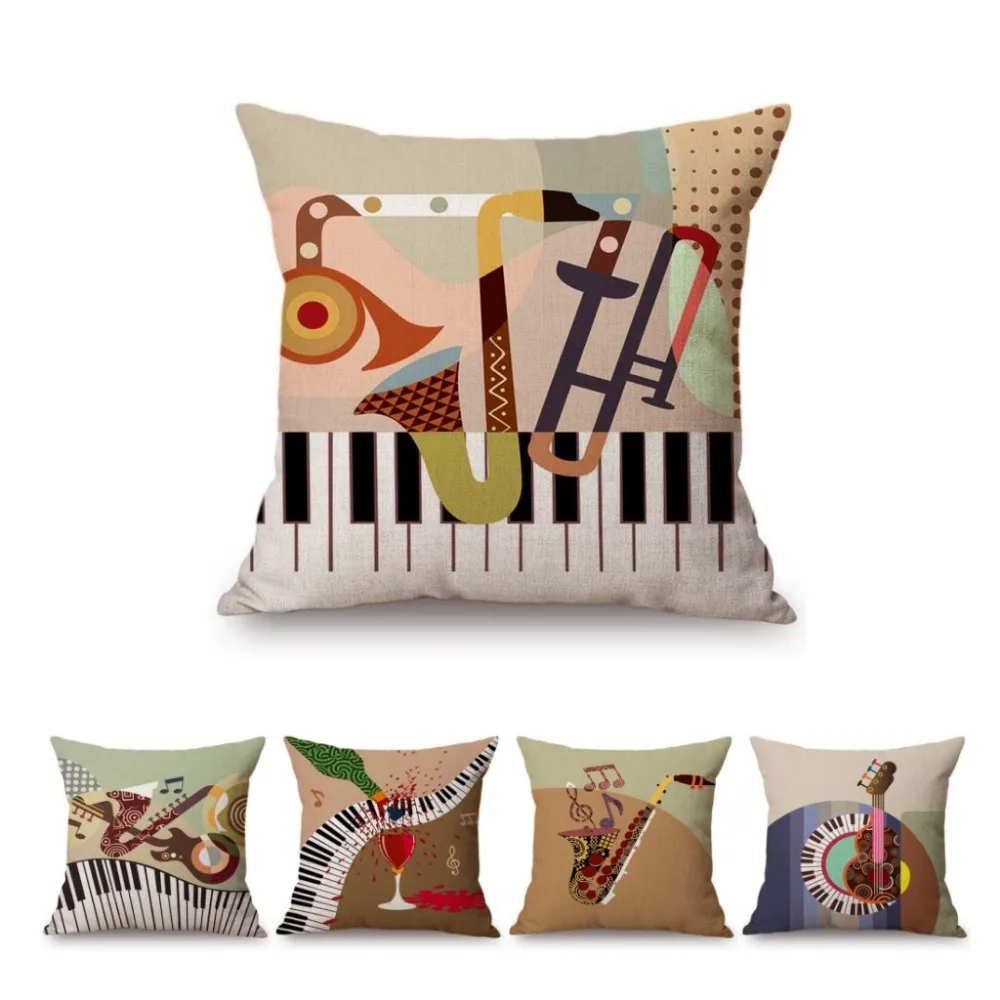 Abstract Hand Drawing Music Instructment Saxophone Guitar Piano Home Decor Sofa Throw Pillow Case Cotton Linen Cushion Cover