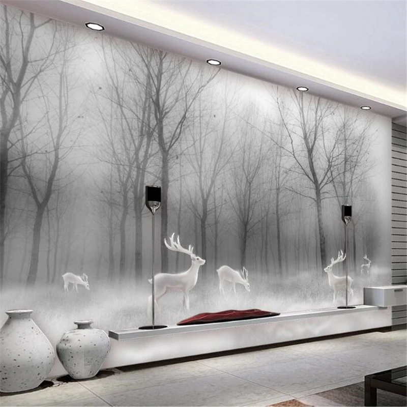 

wellyu Custom wallpaper Nordic forest elk abstract woods black and white landscape TV background wall papier peint mural