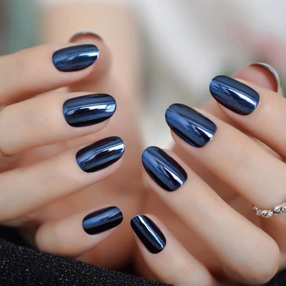 Metallic Spiegel Heldere Blauw Grijs Valse Nail Mix Blauw Metalen Ovale Ronde Nep Nagels Manicure Volledige Nails Art Tips