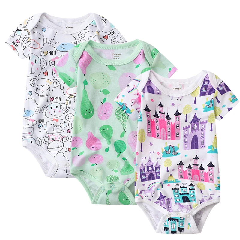 Newborn Bodysuits Baby Girl Clothes Summer Short Sleeve Cute Cartoon Pink Print Infant Clothing