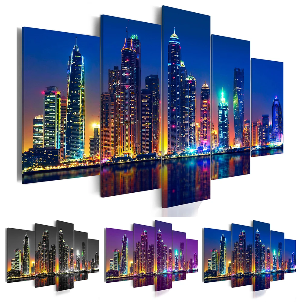 

(No Frame)5PCS/Set Building Fashion Wall Art Canvas Painting City Night View Modern Home Decoration,Choose Color:3 And Size:3