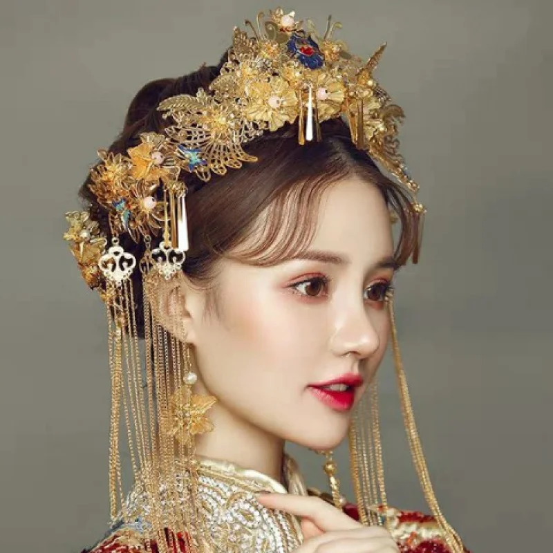 HIMSTORY Chinese Traditional Hair Sticks  Bridal Hairpins Headpiece Vintage Hairwear Xiuhe Hair Accessories