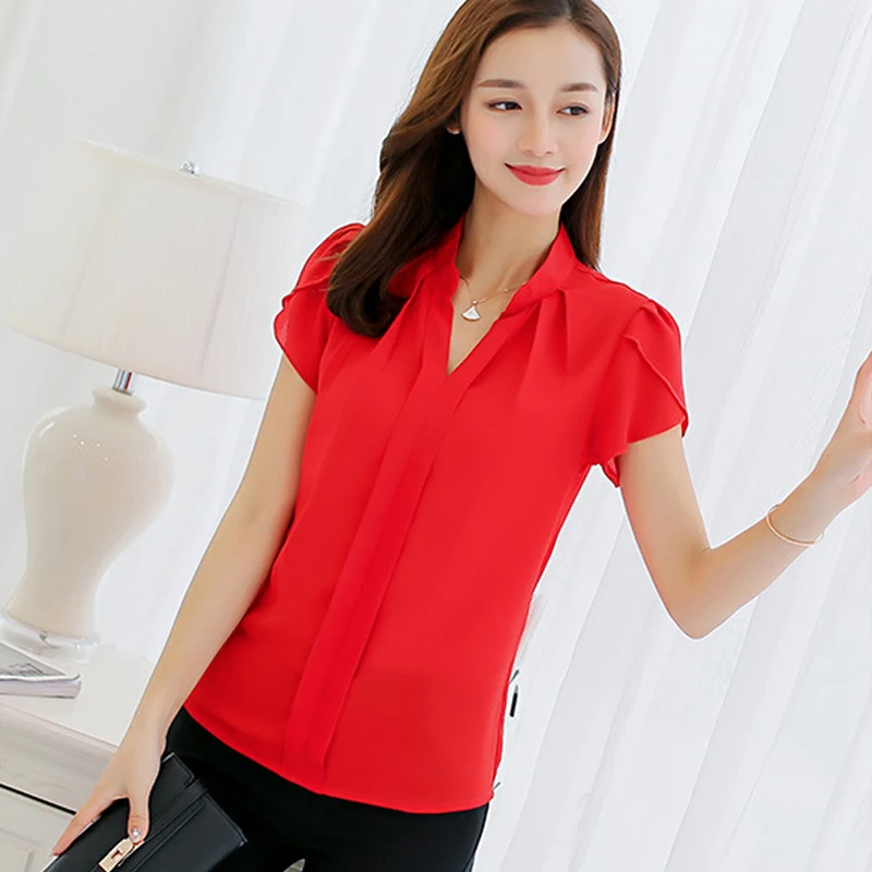 Blouse Women 2024 Summer Short Sleeve Red Office Ladies Chiffon Shirt elegant Work Top Casual Female Clothing